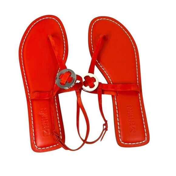 NEW MERCEDES CASTILLO Viveana t strap leather Flat Sandals Size 9 flame red - Picture 2 of 9
